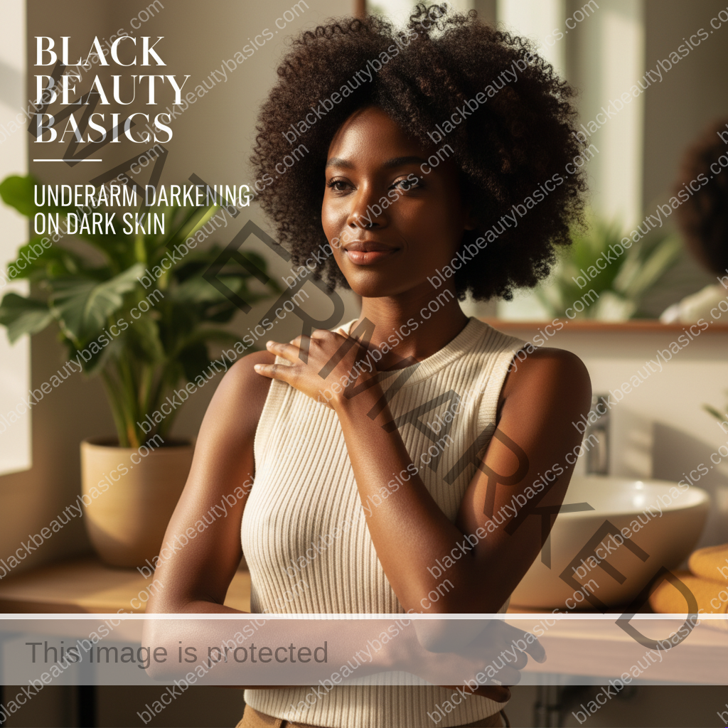 Editorial portrait of a Black woman with deep skin for an underarm darkening care guide