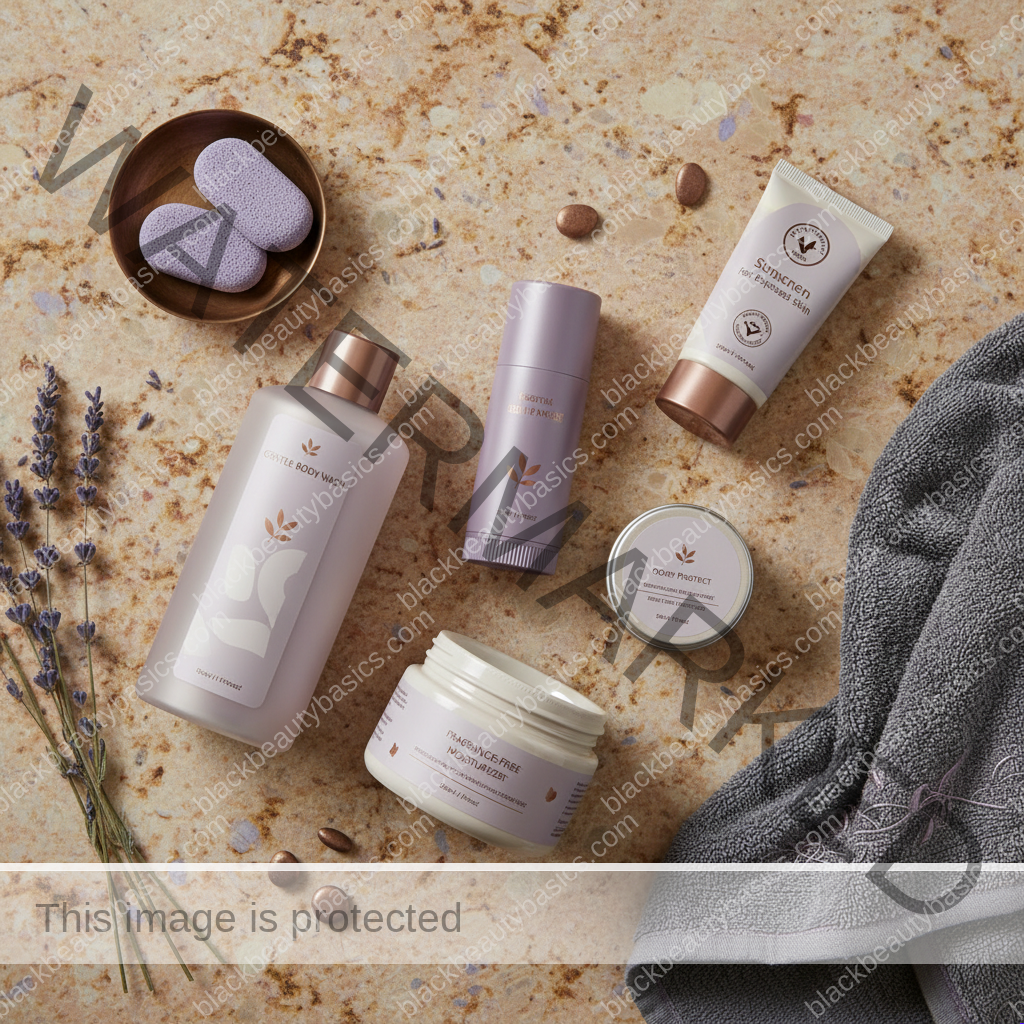 Underarm care essentials for dark skin arranged on a bathroom counter