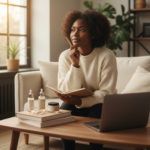 Black woman with deep skin preparing notes before a dermatology visit
