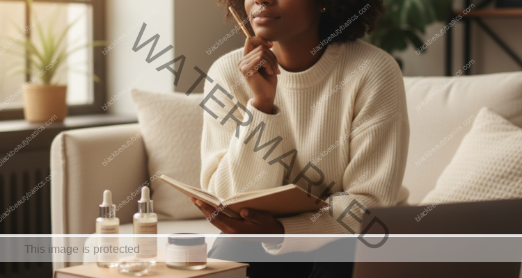 Black woman with deep skin preparing notes before a dermatology visit
