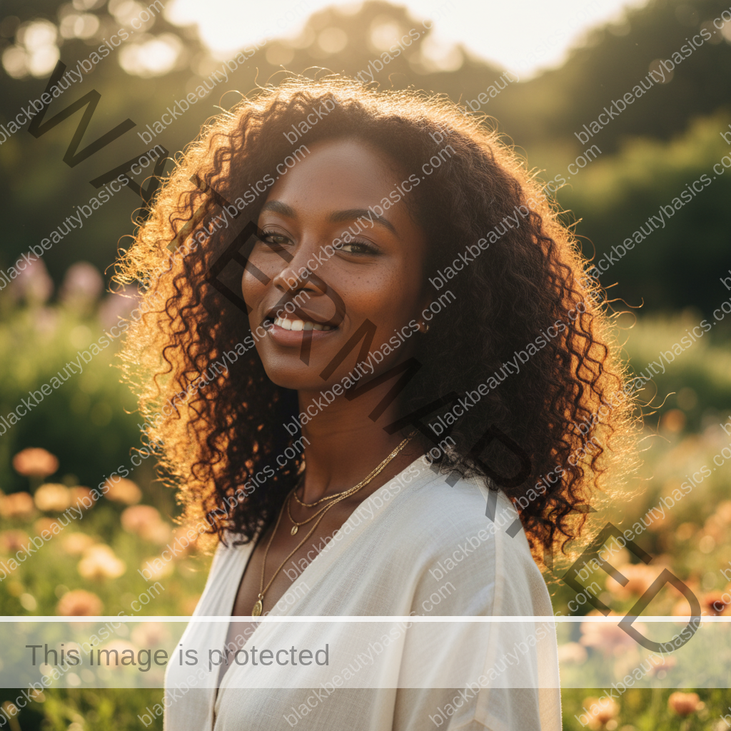 Black woman with deep melanated skin smiling softly outdoors with relaxed confidence and natural skin texture