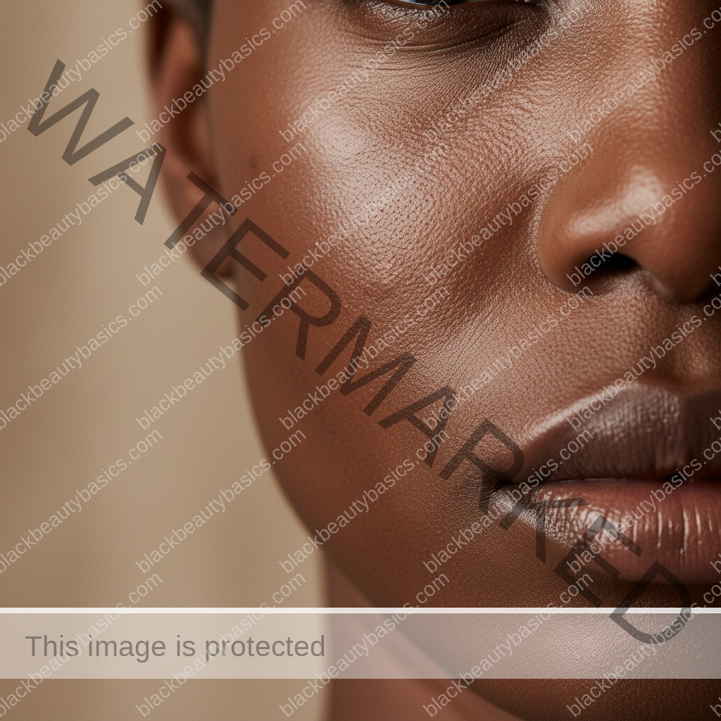 Close-up editorial portrait of deep melanated skin with natural texture and a few post-acne marks shown respectfully