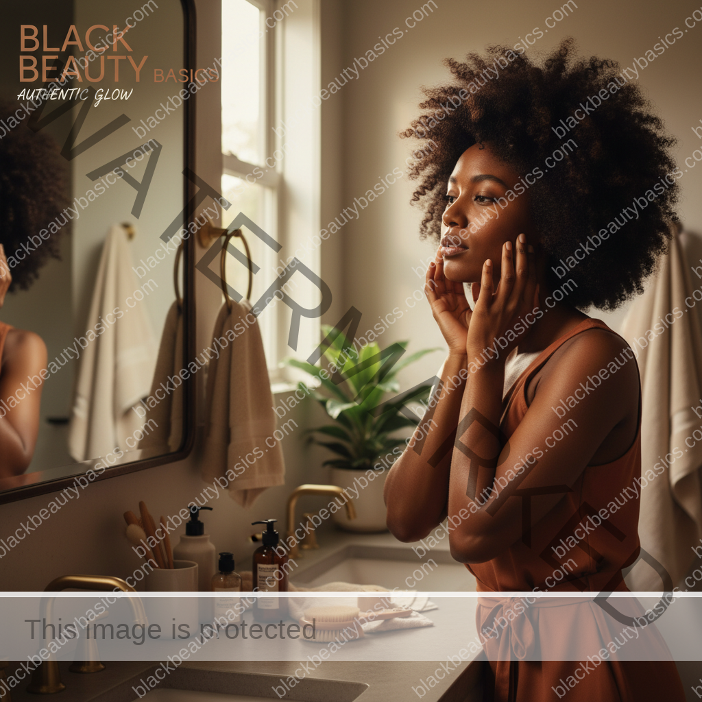 Black woman with deep melanated skin looking thoughtfully in a warm bathroom mirror with realistic skin texture