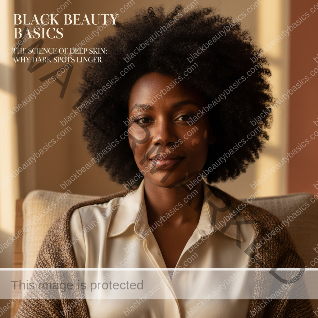 Editorial portrait of a Black woman with deep melanated skin in soft natural light for a hyperpigmentation explainer