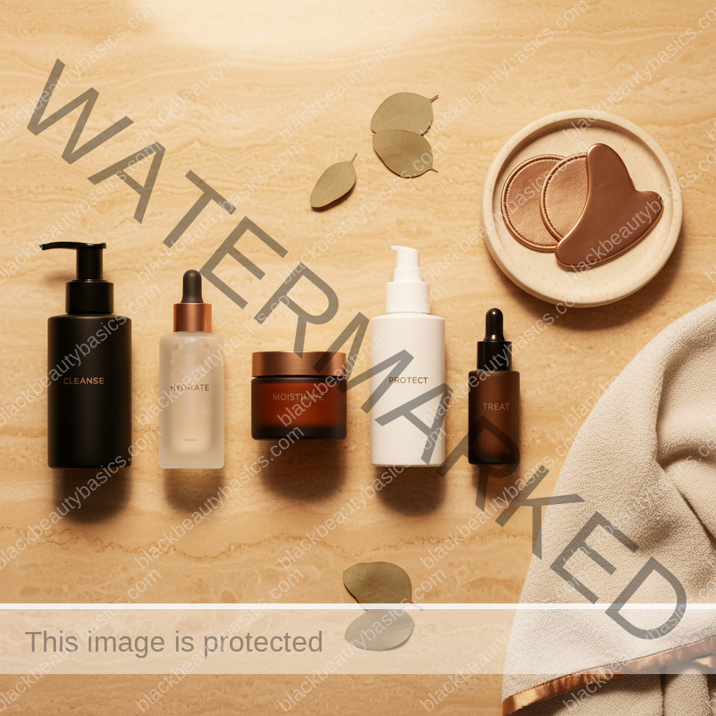 Routine essentials for treating dark spots on melanin-rich skin arranged on a bathroom counter