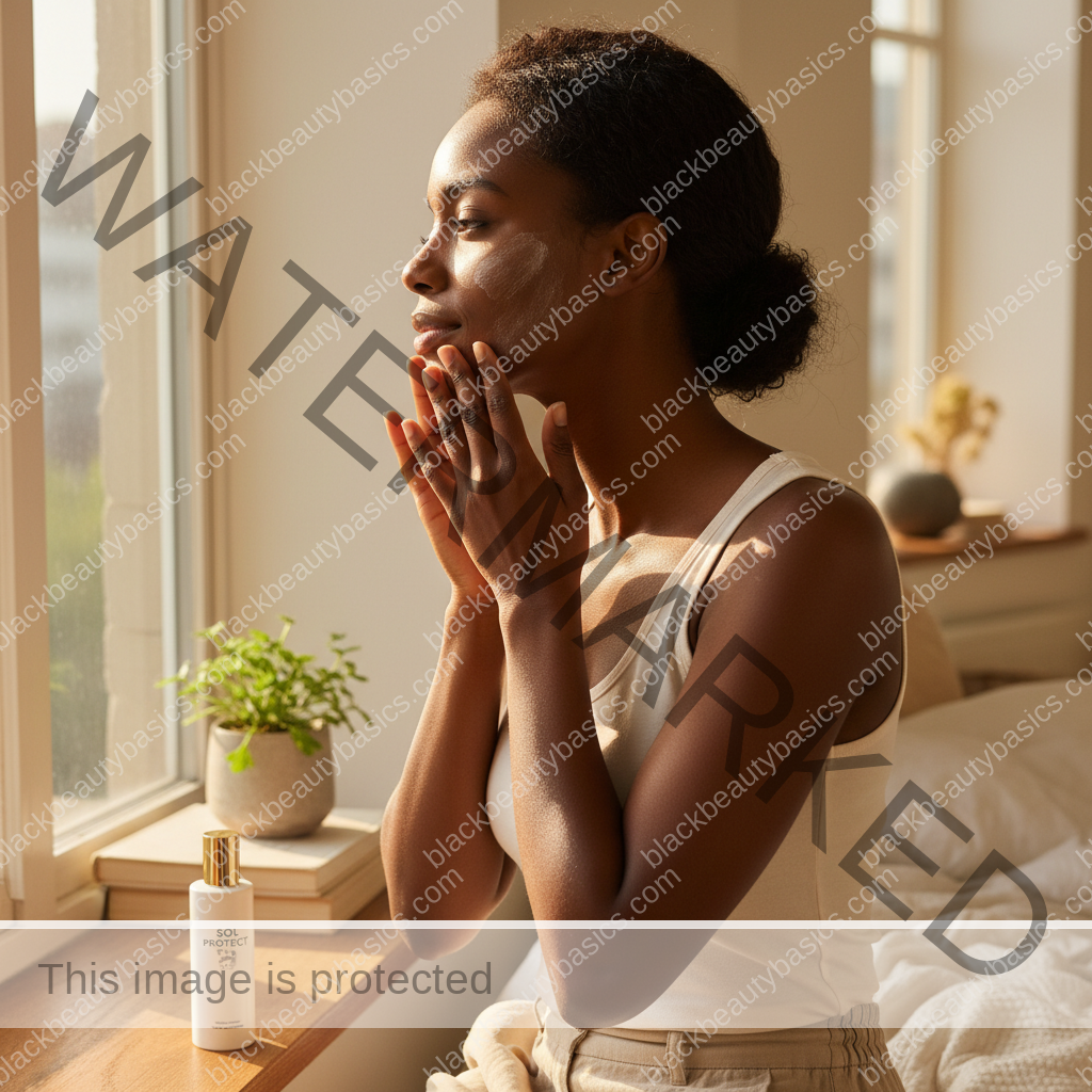 Black woman applying sunscreen to deep skin near a sunny window as part of a dark spot care routine