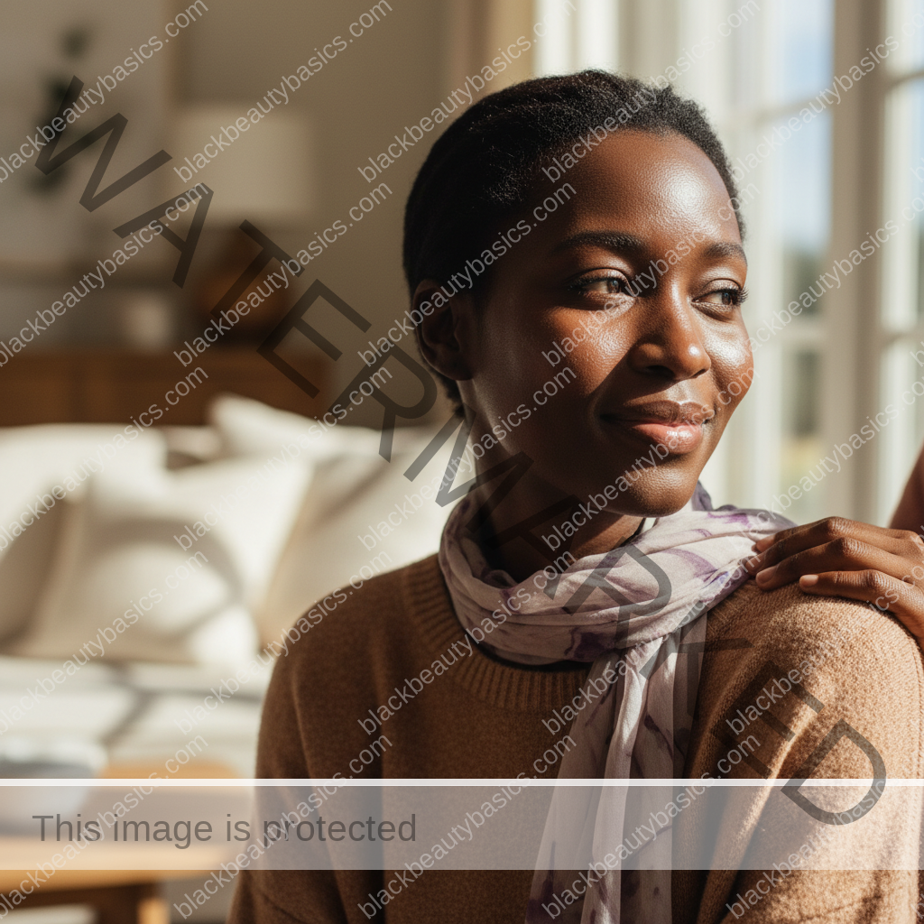 Black woman with deep skin relaxed in soft daylight after sunscreen application