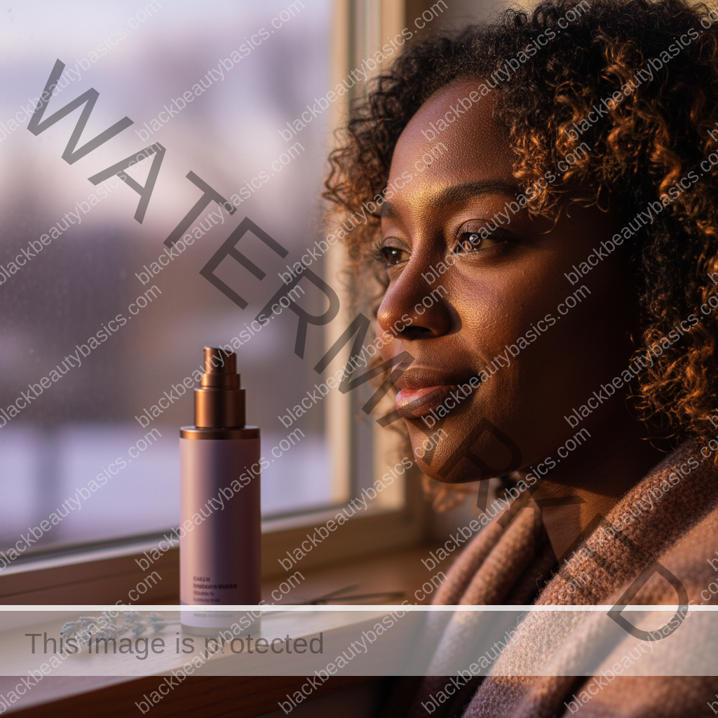Black woman with richly melanated skin in a calm reflective sunscreen routine moment