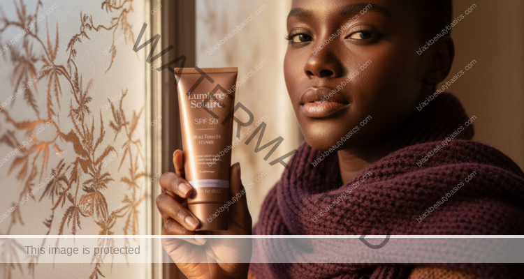 Black woman with deep skin in an editorial sunscreen moment for Sunscreen for Dark Skin in Winter: What Still Matters