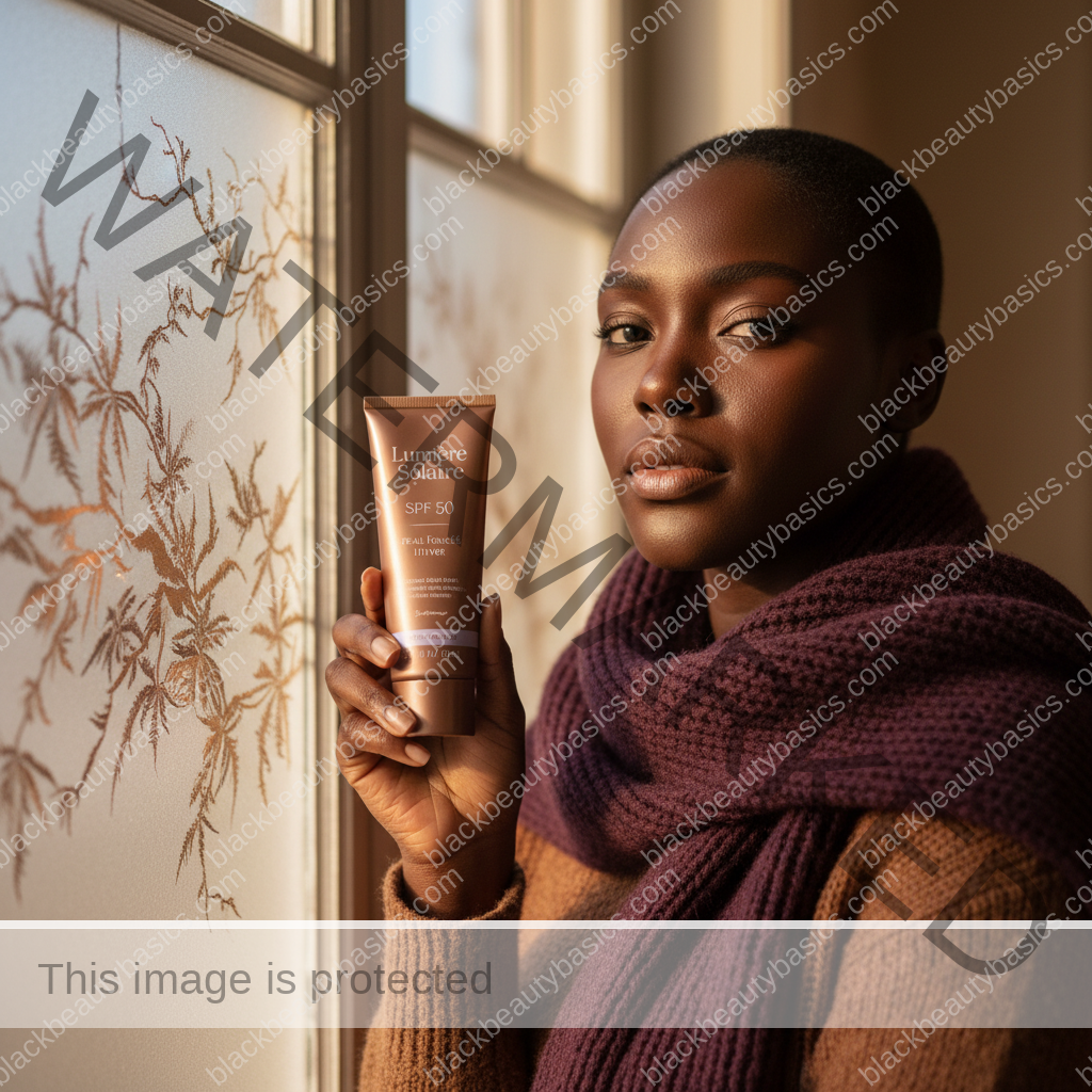 Black woman with deep skin in an editorial sunscreen moment for Sunscreen for Dark Skin in Winter: What Still Matters