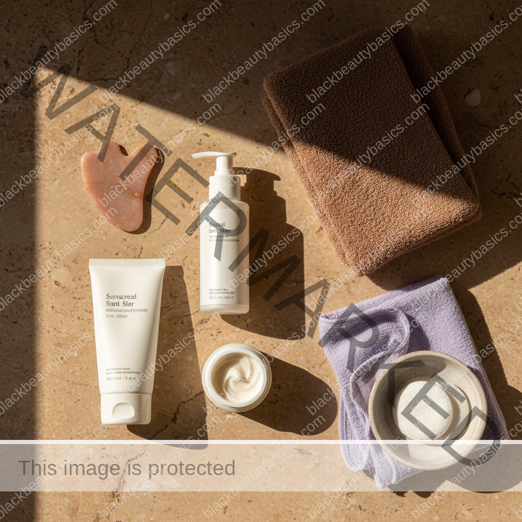 Sunscreen and skincare essentials arranged for Sunscreen for Dark Skin in Winter: What Still Matters
