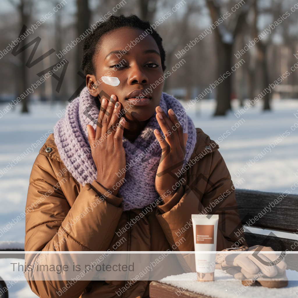 Black woman applying sunscreen in a practical step for Sunscreen for Dark Skin in Winter: What Still Matters