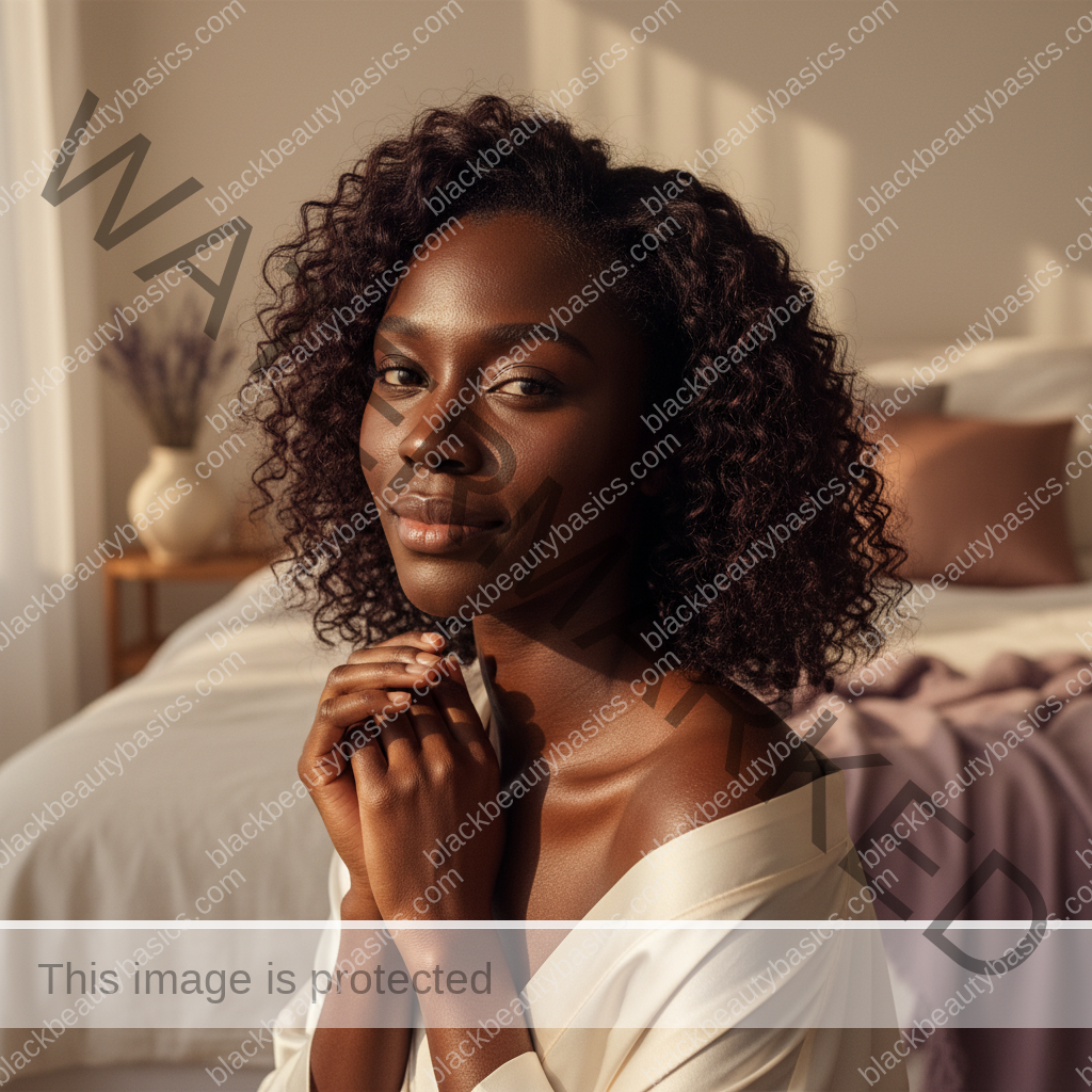 Black woman with deep skin relaxed after a gentle acne-safe skincare routine