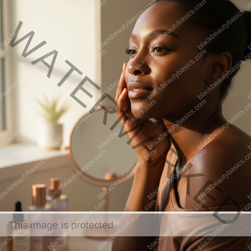 Black woman with richly melanated skin reflecting gently during an acne care routine