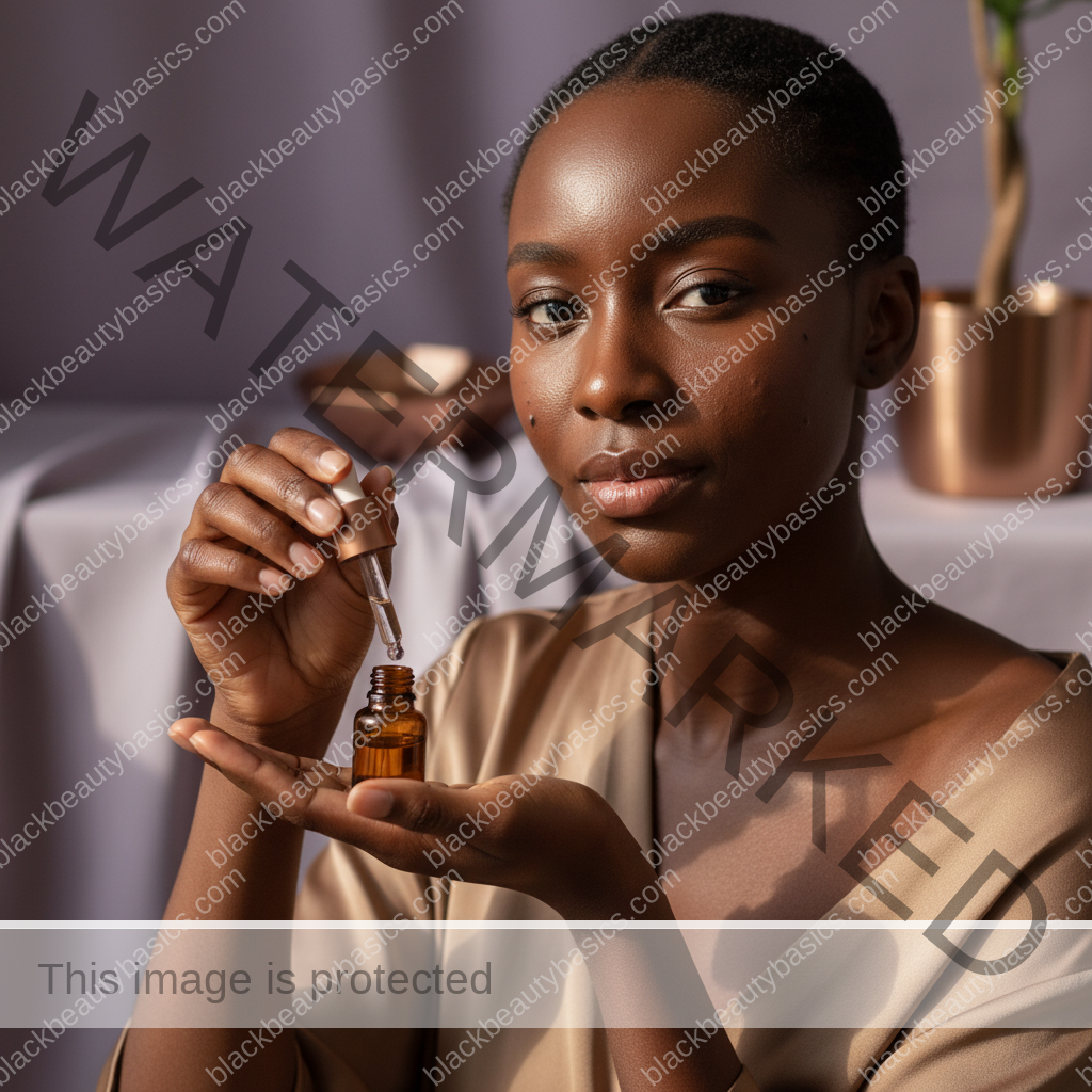 Black woman with deep skin in a calm acne-safe skincare moment for Acne and Stress on Black Women: Routine Timing and Flare Awareness