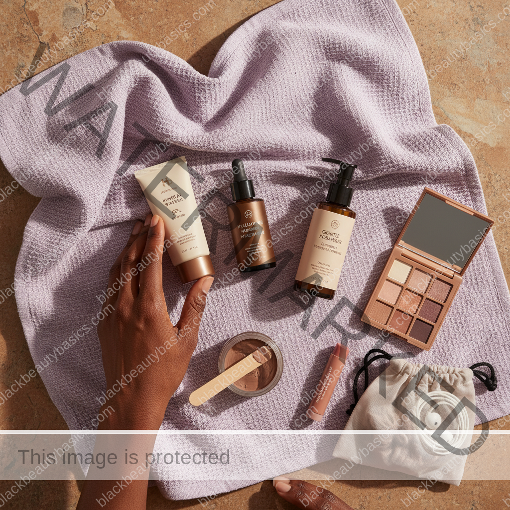 Acne-safe skincare essentials arranged for Acne and Stress on Black Women: Routine Timing and Flare Awareness