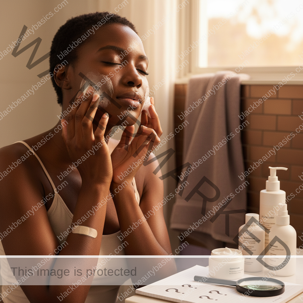 Black woman applying a gentle acne routine step for Acne and Stress on Black Women: Routine Timing and Flare Awareness