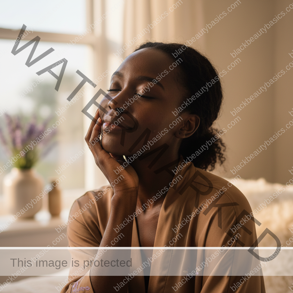 Black woman with deep skin relaxed after a gentle acne-safe skincare routine