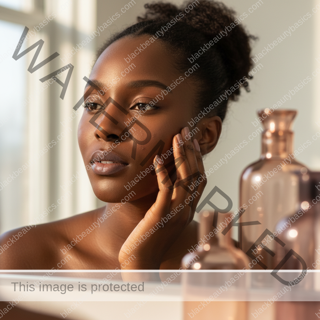 Black woman with richly melanated skin reflecting gently during an acne care routine