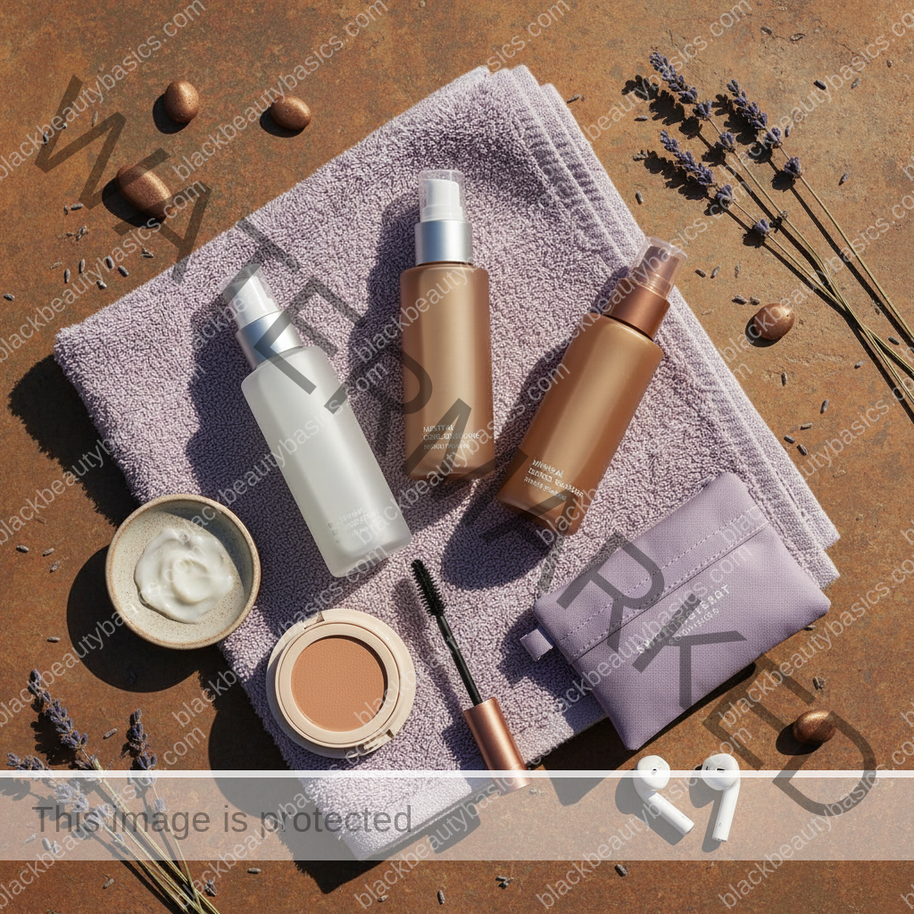 Acne-safe skincare essentials arranged for Why Your Acne Routine Keeps Causing More Dark Marks