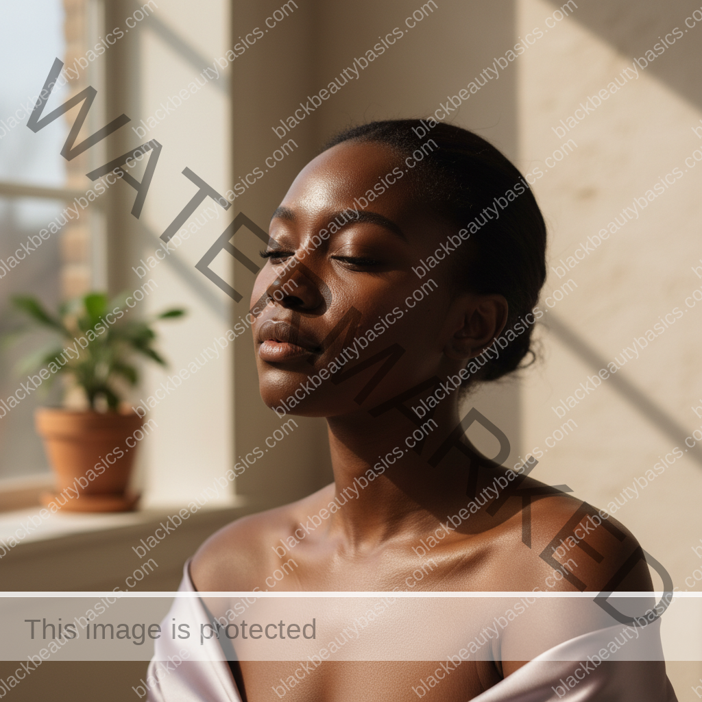 Black woman with deep skin relaxed after a gentle acne-safe skincare routine