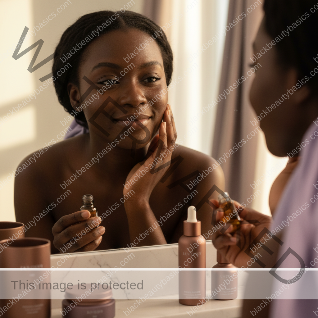 Black woman with richly melanated skin reflecting gently during an acne care routine