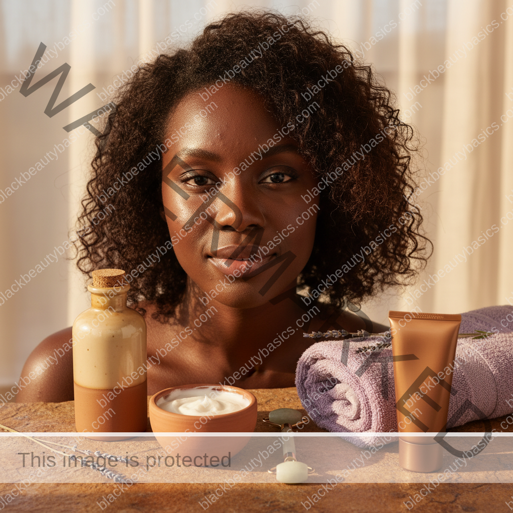 Acne-safe skincare essentials arranged for Acne Routine for Oily but Dehydrated Dark Skin