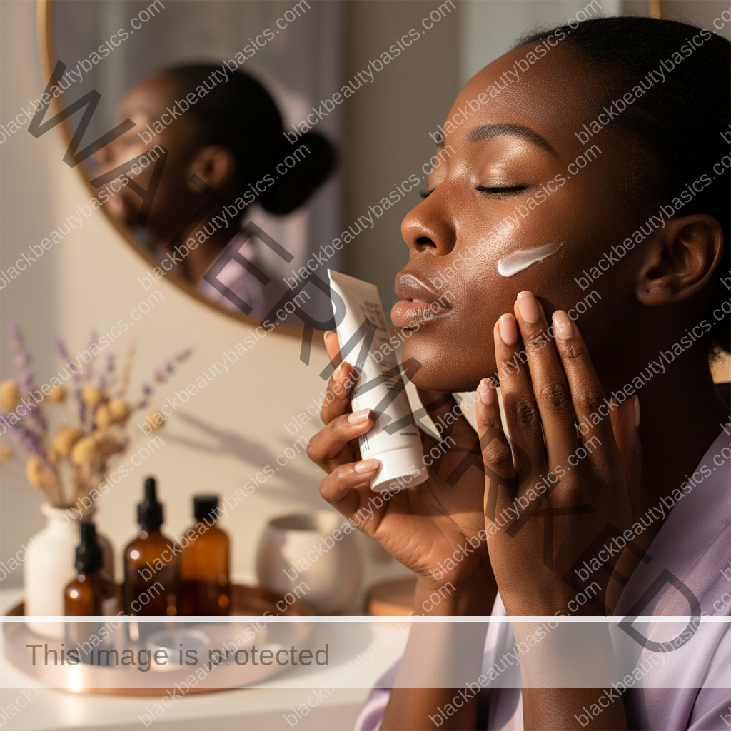 Black woman applying a gentle acne routine step for Acne Routine for Oily but Dehydrated Dark Skin