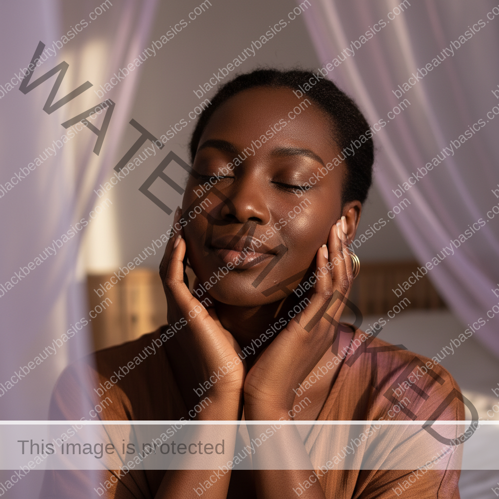 Black woman with deep skin relaxed after a gentle acne-safe skincare routine