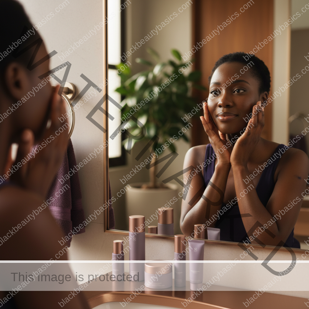 Black woman with richly melanated skin reflecting gently during an acne care routine