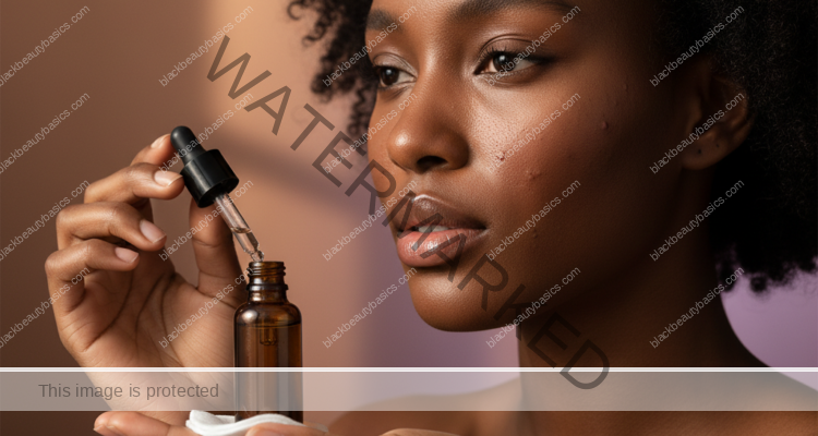Black woman with deep skin in a calm acne-safe skincare moment for Acne Routine for Black Women Who Also Have Sensitive Skin