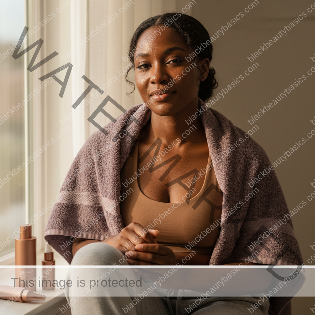 Black woman with deep skin relaxed after a gentle acne-safe skincare routine