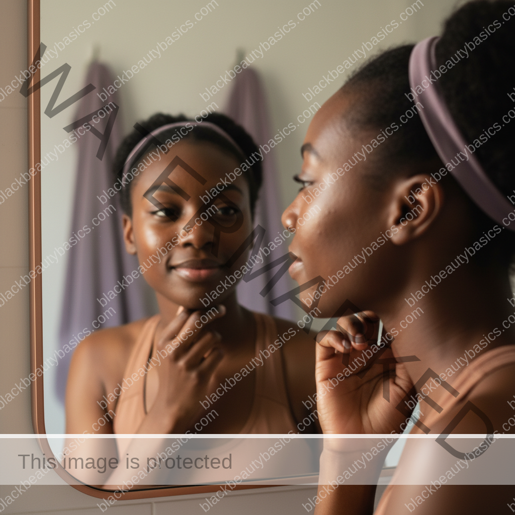 Black woman with richly melanated skin reflecting gently during an acne care routine
