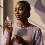 Black woman with deep skin in a calm acne-safe skincare moment for Acne-Safe Gym Routine for Dark Skin