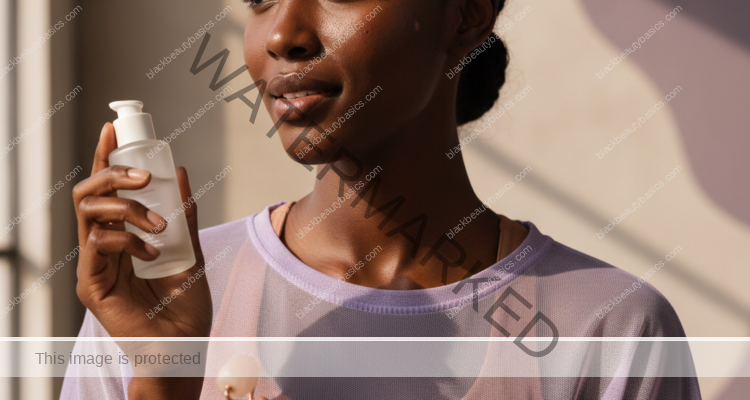 Black woman with deep skin in a calm acne-safe skincare moment for Acne-Safe Gym Routine for Dark Skin