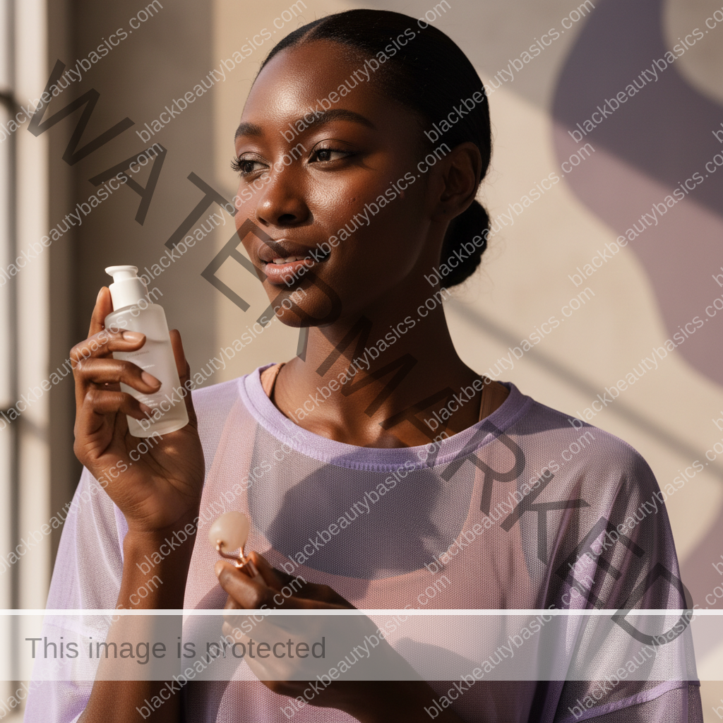 Black woman with deep skin in a calm acne-safe skincare moment for Acne-Safe Gym Routine for Dark Skin