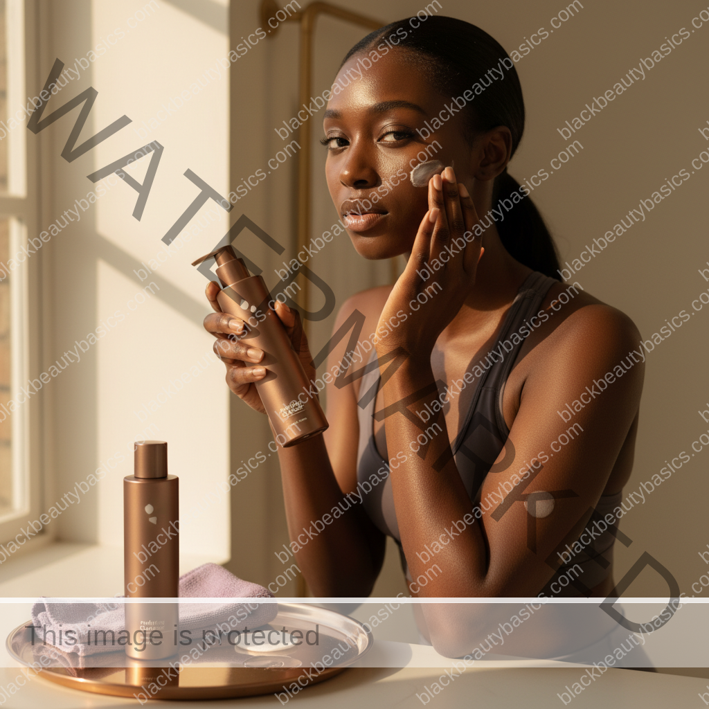 Black woman applying a gentle acne routine step for Acne-Safe Gym Routine for Dark Skin