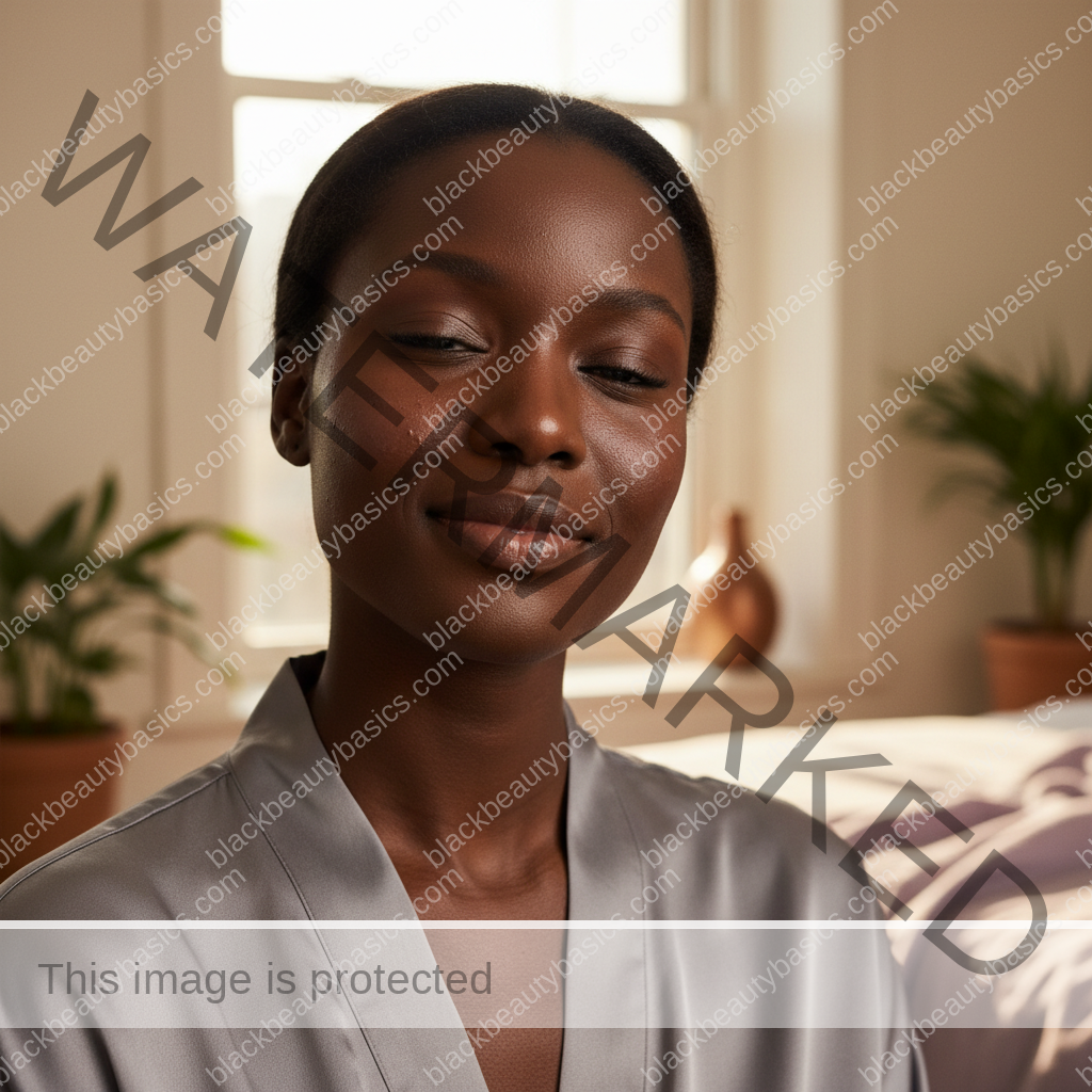 Black woman with deep skin relaxed after a gentle acne-safe skincare routine