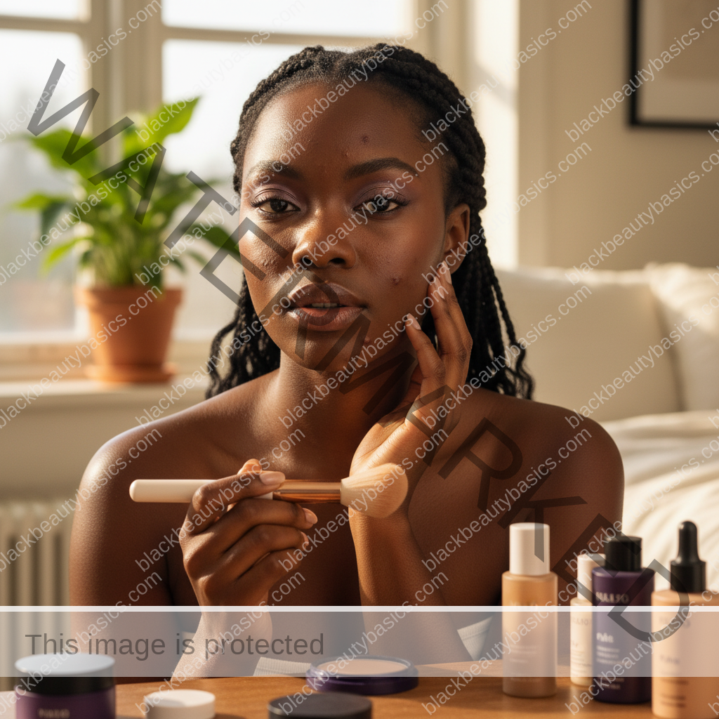 Melanin-rich skin in natural light illustrating Acne-Safe Makeup Routine for Workdays