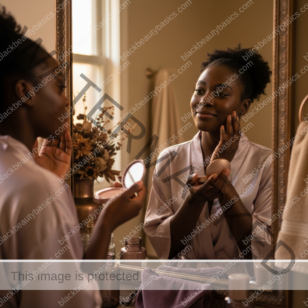 Black woman with richly melanated skin reflecting gently during an acne care routine