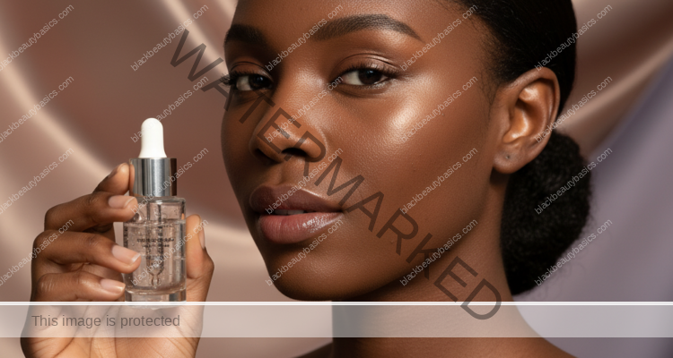 Black woman with deep skin in a calm acne-safe skincare moment for Acne-Safe Makeup Routine for Workdays