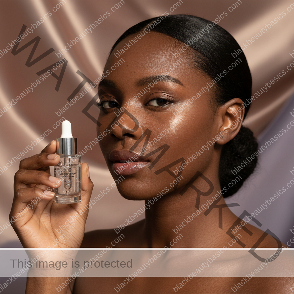 Black woman with deep skin in a calm acne-safe skincare moment for Acne-Safe Makeup Routine for Workdays