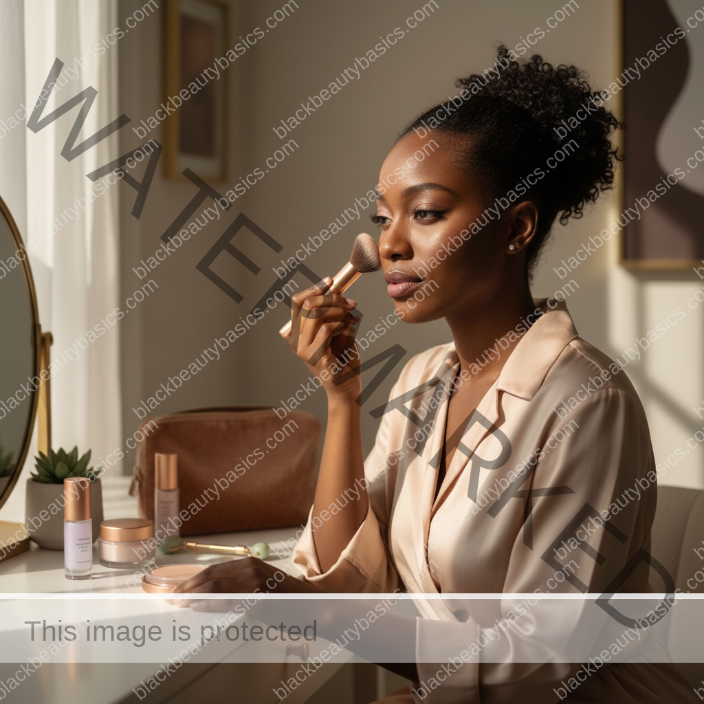 Black woman with richly melanated skin refreshing acne-safe workday makeup at a vanity