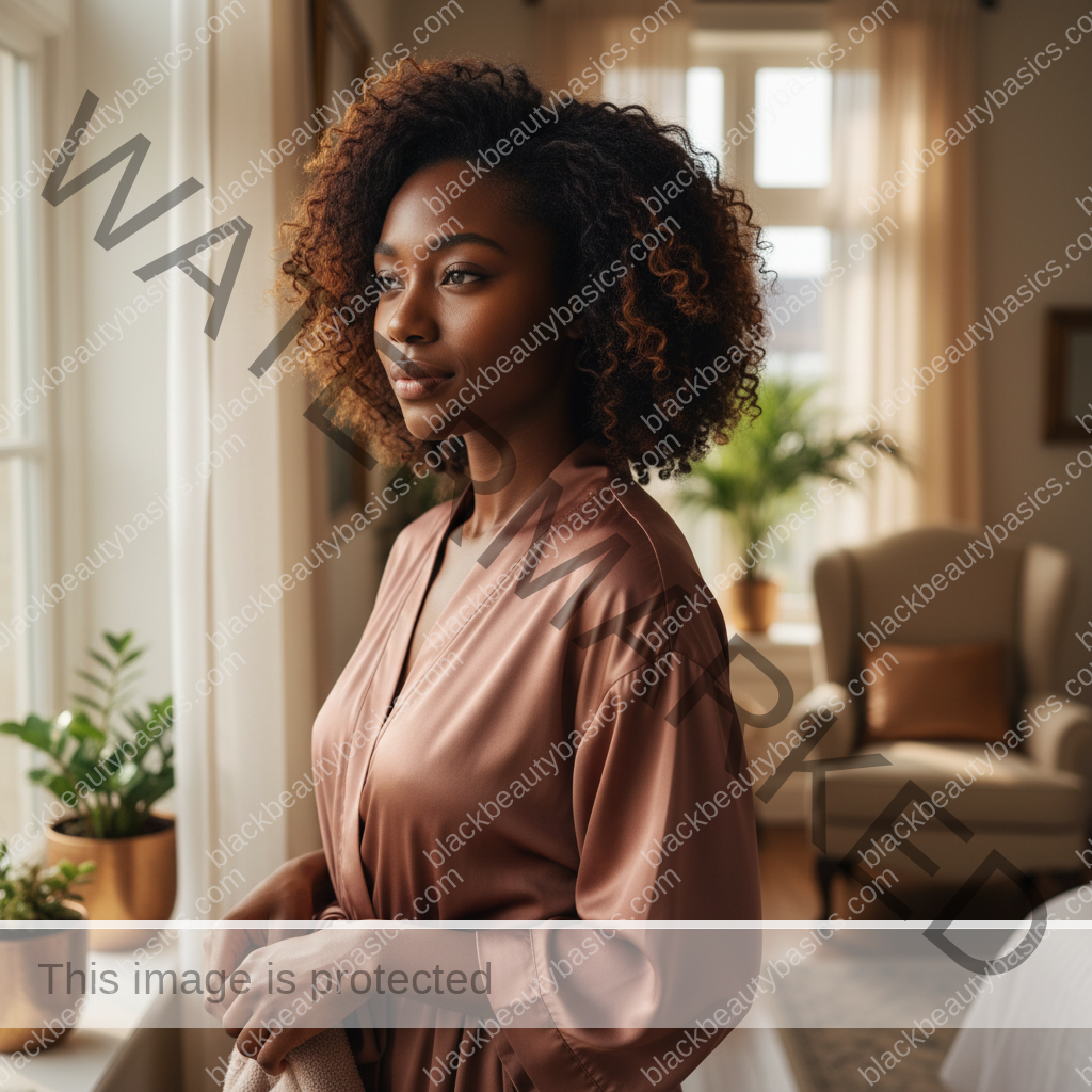 Melanin-rich Black woman with rich brown skin and textured hair relaxed after a gentle natural-hair routine