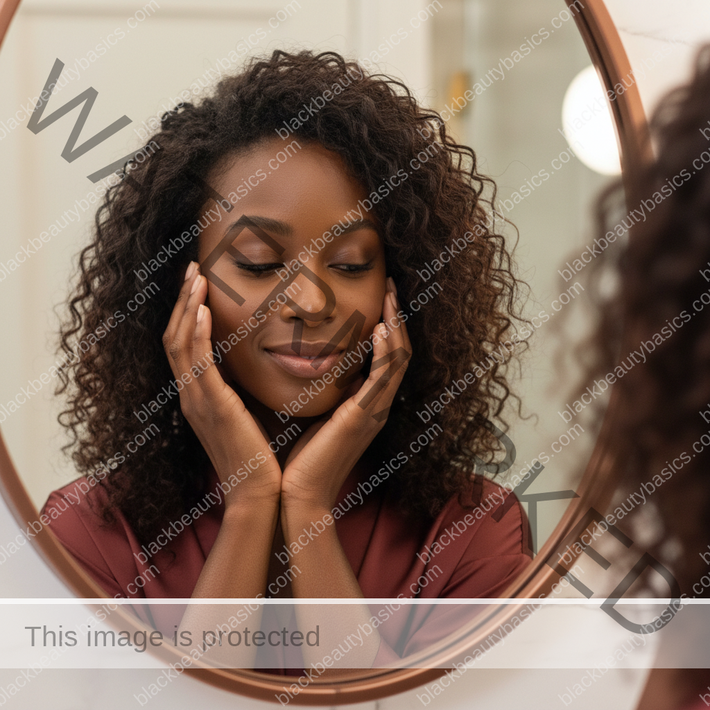 Melanin-rich Black woman with rich brown skin and textured hair in a calm mirror moment with natural hair