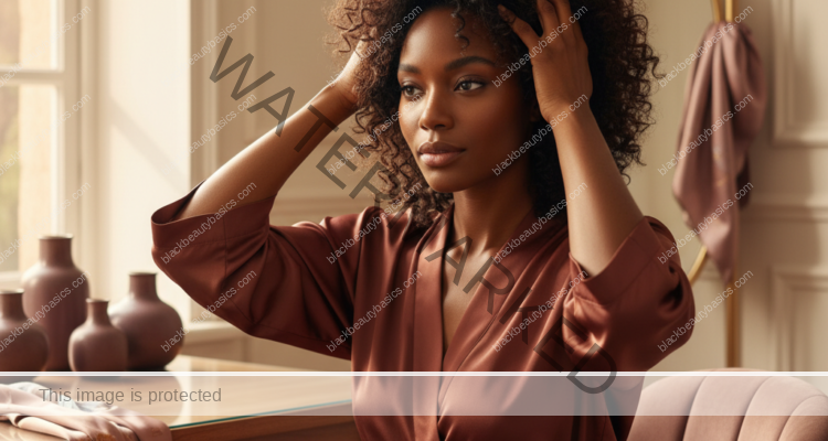 Melanin-rich Black woman with rich brown skin and textured hair in a warm editorial natural-hair routine moment for How to Alternate Protective Styles With Rest Periods