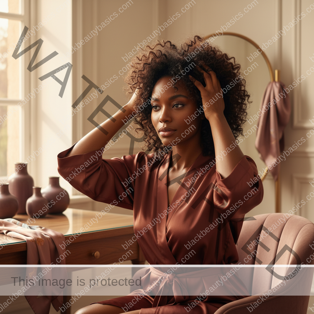 Melanin-rich Black woman with rich brown skin and textured hair in a warm editorial natural-hair routine moment for How to Alternate Protective Styles With Rest Periods