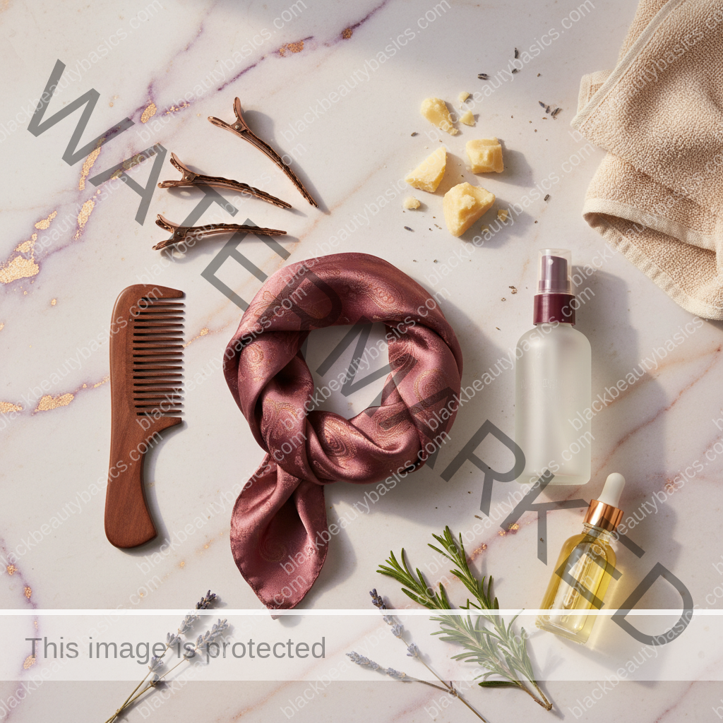 Natural-hair care essentials for How to Alternate Protective Styles With Rest Periods in ivory plum bronze and soft gold tones