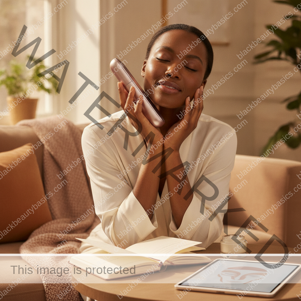 Melanin-rich Black woman with rich brown skin relaxed after a calm skincare or hair-care routine