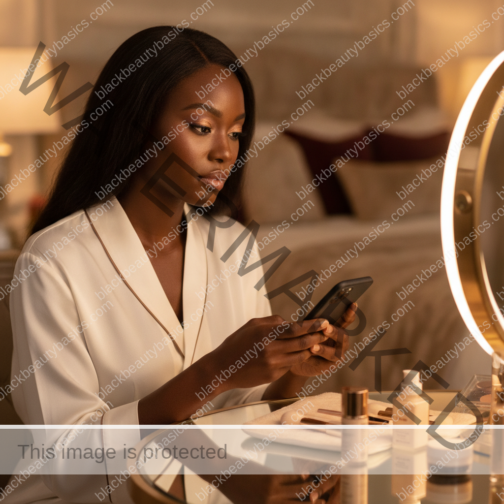 Melanin-rich Black woman reviewing a skin-analysis app on her phone with clear unmarked skin